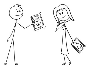 Vector cartoon stick figure drawing conceptual illustration of couple of man and woman on date, man os giving her flower on mobile device, tablet or cell phone.