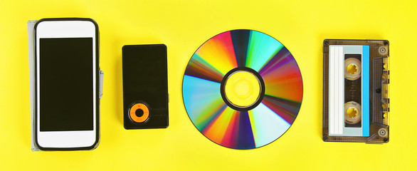concept evolution music. Cassette, CD-disk, mp3 player, mobile phone. Vintage, modernity. Banner.