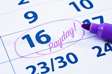Payday concept. Business, finance, savings money. Calendar with marker circle in word payday