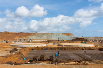 Construction workers are tying steel bars at the construction site