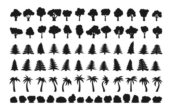 Big set of different dark silhouettes of trees