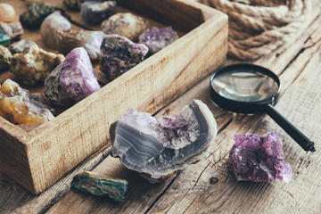 Mineral collection. Set from mineral stones: turquoise, morion, smoky quartz, rhinestone,...