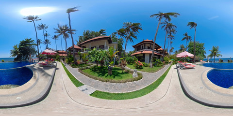 vr 360 swimming pool in luxury hotel with sun beds by sea. tropical resort with pool. Travel...