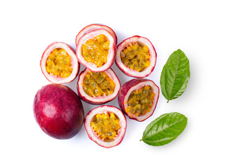 Passion fruit with leaf isolated on the white background. top view