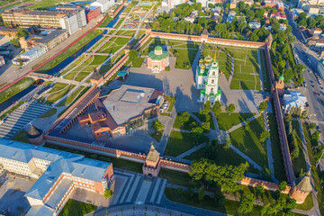 Aerial view of Tula Kremlin and Epiphany Cathedral - ancient Orthodox Church in city downtown