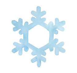 Light blue watercolor snowflake. Beautiful symbol of winter season and New Year holidays. Hand painted water color drawing on white backdrop, cutout clip art element for creative design decoration.
