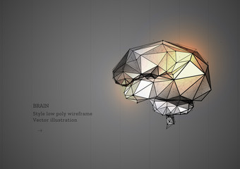Brain. Low poly wireframe style. Artificial Intelligence concept. Technology in medicine. Abstract illustration isolated on gray background. Particles are connected in a geometric silhouette