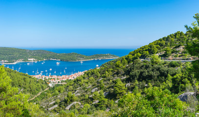 Fototapeta na wymiar View of the old city of Vis with stone houses and red rooftops and the harbor with sailing boats and yachts in summer viewed from above over green mediterranean vegetation, Vis island, Croatia, Europe