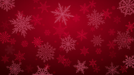 Obraz na płótnie Canvas Christmas background with various complex big and small snowflakes in red colors