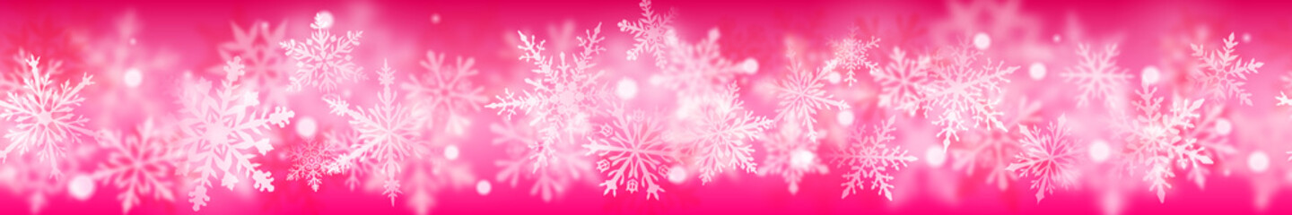 Fototapeta na wymiar Christmas banner of complex blurred and clear snowflakes in white colors on pink background. With horizontal repetition