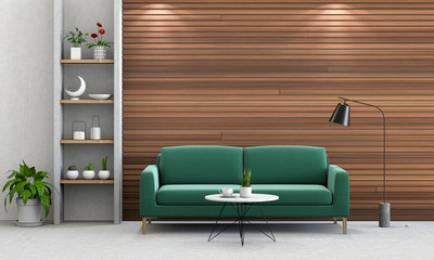 interior living lighting room wood wall with sofa. 3D render