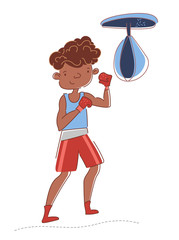 Boxer training in gym. Young afro-american sportsman is kicking punching bag. Boy wearing boxing gloves. Professional sport. Guy preparing to competition. Vector illustration. White background