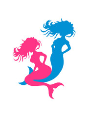 2 meerjungfrau freundinnen freunde team paar frau sexy weiblich girl schöne hübsche haare mädchen fisch flosse silhouette schwimmen meer wasser clipart design cool