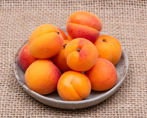 Fresh Ripe Organic Apricots on burlap background. Genus Prunus.