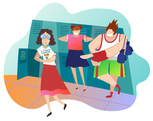 Teenagers mocking female classmate at school. Caucasian girl is lesbian. Concept of infringement of rights of LGBT community. Adolescent violence, mockery. Bullying. Colored vector illustration