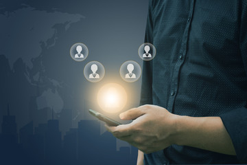 Man use smart phone for select employee icon human resource system.