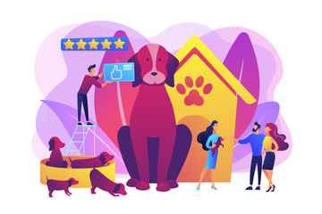 Dog breeding, buying puppy at pet store. Domestic animal. Couple adopting puppy. Breed club, top breed standard, buy your purebred pet here concept. Bright vibrant violet vector isolated illustration