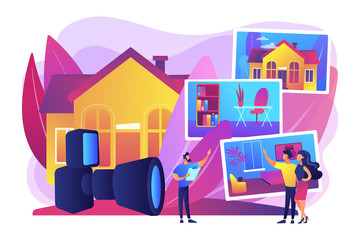 Couple choosing apartment. Real estate photography, property photography services, photography for realtors and advertisement concept. Bright vibrant violet vector isolated illustration