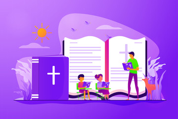 Children studying christianity. Teacher and kids in christian camp reading bible. Religious summer camp, faith based camp, religious education concept. Vector isolated concept creative illustration