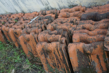 Row of the remaining Traditional Vintage Red Clay Roof Tile in the Village_5