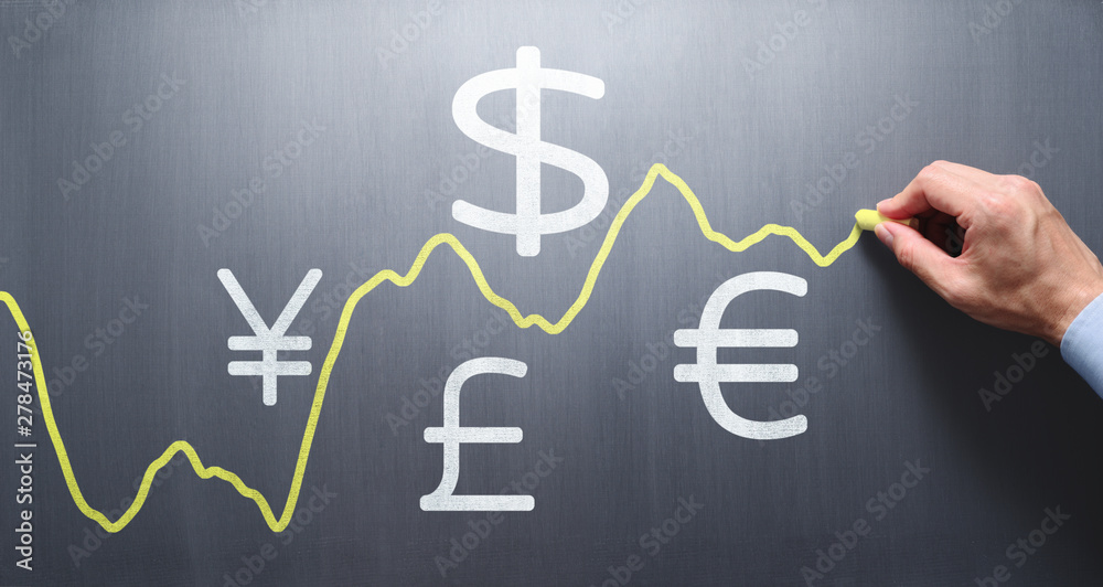 Poster drawing graph of exchange rate on chalkboard. exchange rate fluctuations concept.