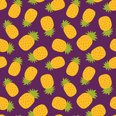 Pineapple seamless pattern. Hand drawn fresh ananas. Vector sketch background. Color doodle wallpaper. Exotic tropical fruit. Fashion design. Food print for kitchen tablecloth, curtain or dishcloth
