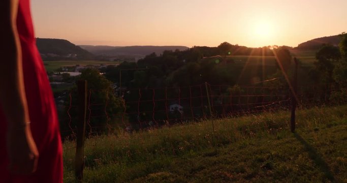 a woman in a red dress looks at sunset in a landscape.