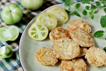 with fried green tomato. close-up. autumn dish. popular in America