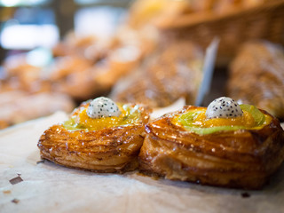 Close-up of pastries in cafe bar.