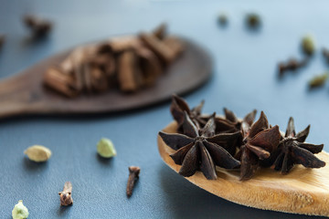 Dry Star anise clove cinnamon and cardamom on a brown wooden spatula. Natural food spices and seasonings. Tasty eating. Close-up.