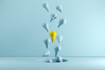 A Yellow Light bulb Floating among blue light bulbs from hole. Idea concept Creative. 3D render - 278477109