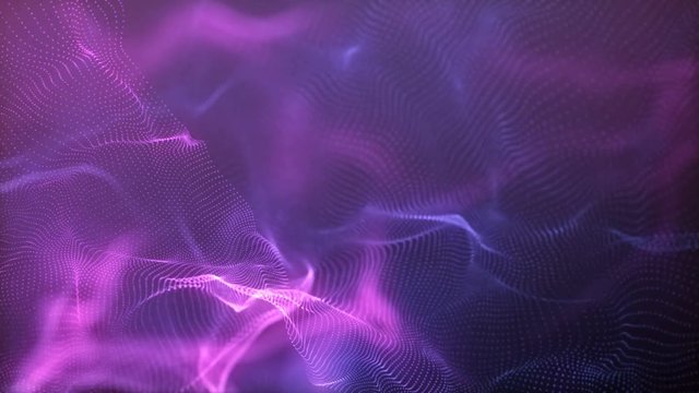 Abstract blue and purple cg motion waving dots texture with glowing defocused particles. Cyber or technology digital landscape background. 3840x2160 uhd.