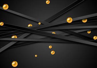Tech vector graphic design with black stripes and golden balls. Geometric glossy 3d spheres. Abstract corporate background