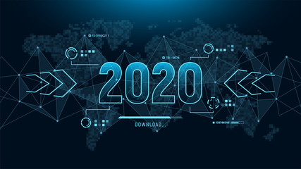 Modern futuristic template for 2020 on background with polygons connection structure and world map in pixels. Digital data visualization. Business technology concept. Vector illustration