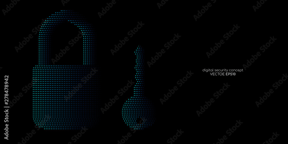 Aufkleber Security concept key and padlock dots line pattern blue color isolated on black background. Vector illustration technology, digital, security.