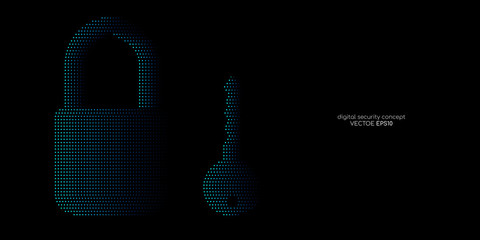 Security concept key and padlock dots line pattern blue color isolated on black background. Vector illustration technology, digital, security.