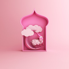 Cartoon sheep, arabic window, cloud, crescent moon on pink pastel background copy space text. Design creative concept for islamic celebration day ramadan kareem or eid al fitr adha. 3d illustration.