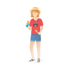 Tourist woman cartoon illustration. Young girl with camera. Illustration of a teenage girl holding her passport in one hand and map with other. Vector cartoon illustration