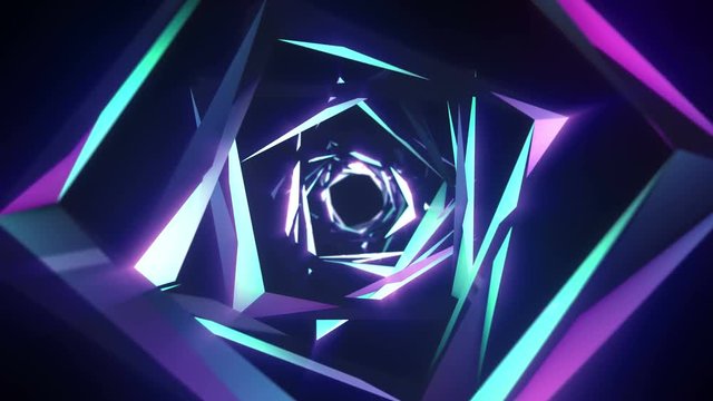 Abstract technology tunnel. Segments construction sharp corners with multicolor  reflections the camera moves forward towards. Dynamic background for project