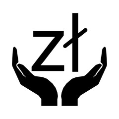 Hands and money currency Zloty Poland sign. Take care money sign eps ten