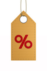 red leather label with percent on white background. Isolated 3D illustration