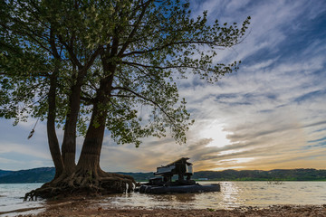 a piano on a lake
