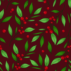 Floral seamless pattern with branches, leaves, berries on dark red background. Vector illustration. Design for fabrics, wallpapers, textiles, web design.