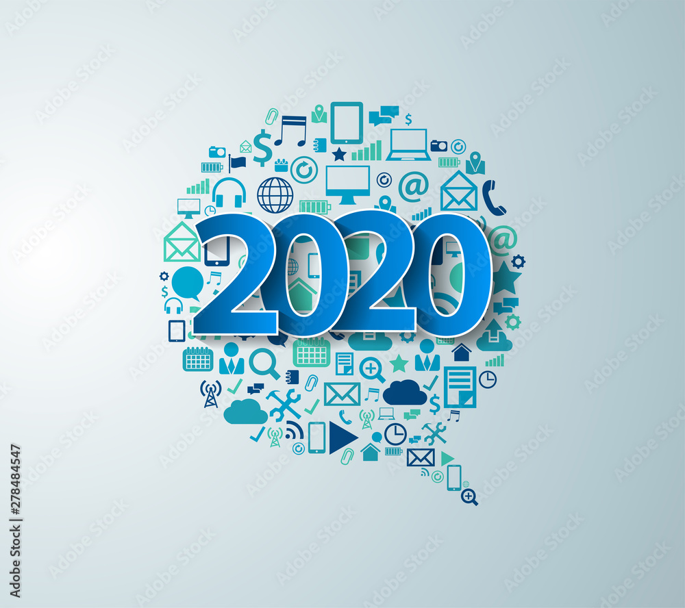 Wall mural 2020 new year with app icons technology business software and social media networking service concep