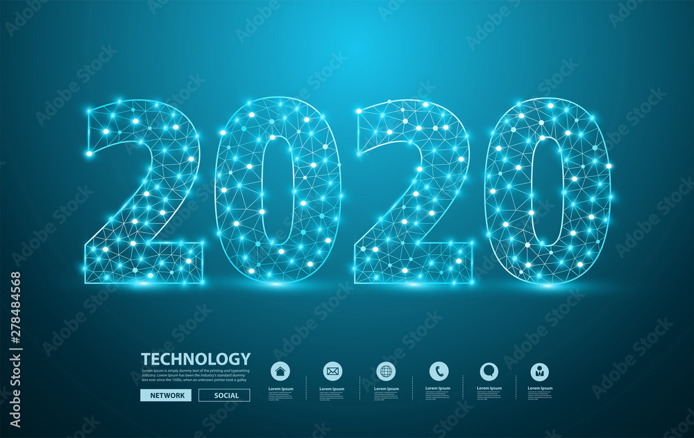 Fototapete 2020 new year text design with mesh stylish alphabet letters numbers, graphic background communicati
