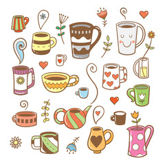 Set with cute cartoon cups and plants. Group of various dishes. Vector contour colorful  image. 