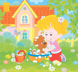 Obraz na płótnie Canvas Cute little girl washing her small puppy in a basin with lather on a green lawn in front of a colorful house on a sunny summer day, vector illustration in a cartoon style