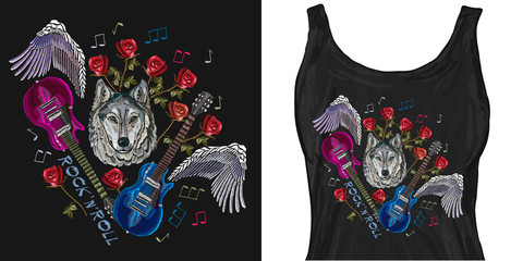 Wolf, guitar, wings, roses, classical embroidery, music. Trendy apparel design. Template for fashionable clothes, modern print for t-shirts, apparel art