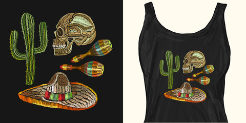 Embroidery mexican culture. Human skull, sombrero, maracas, cactus. Trendy apparel design. Template for fashionable clothes, modern print for t-shirts, apparel art