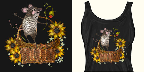 Embroidery sunflowers and mouse in a wattled basket. Trendy apparel design. Template for fashionable clothes, modern print for t-shirts, apparel art